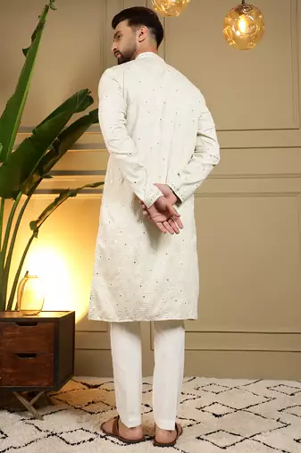 Men's white khadi cotton mirror embroidered kurta with pajama set