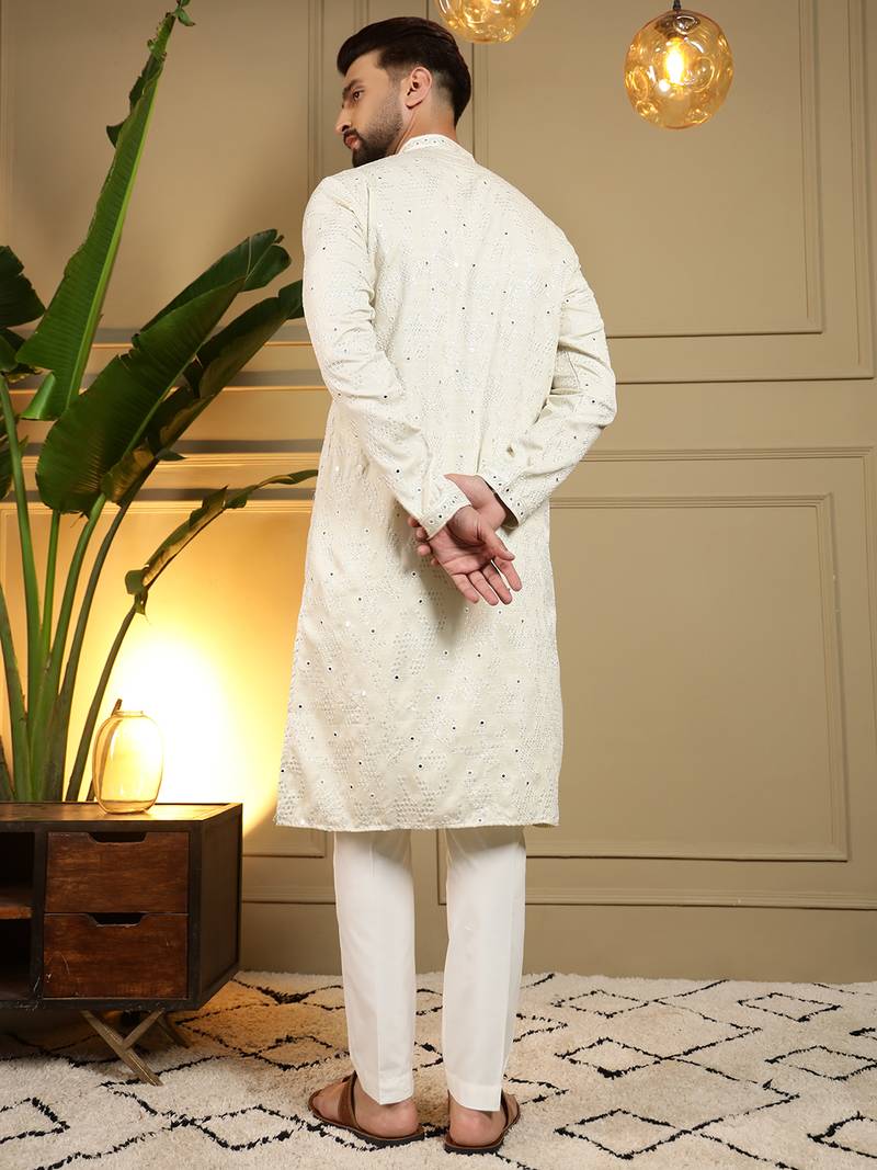 Men's white khadi cotton mirror embroidered kurta with pajama set