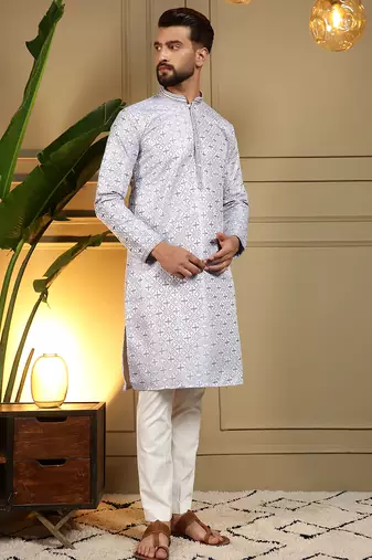 Men's blue jacquard woven kurta with pajama set