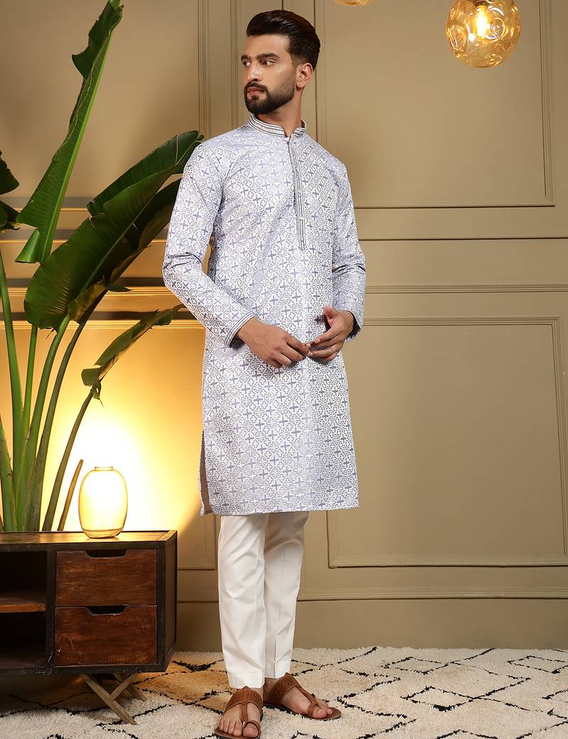 Men's blue jacquard woven kurta with pajama set
