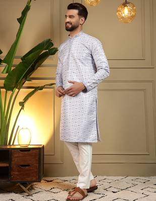 Men's blue jacquard woven kurta with pajama set 3