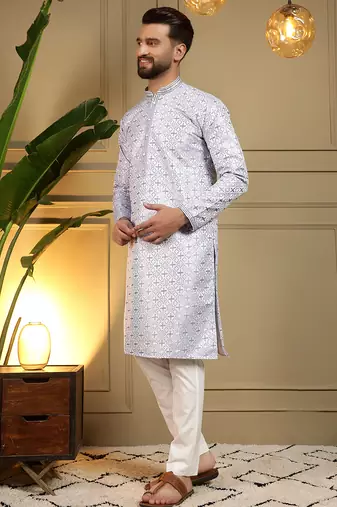 Men's blue jacquard woven kurta with pajama set