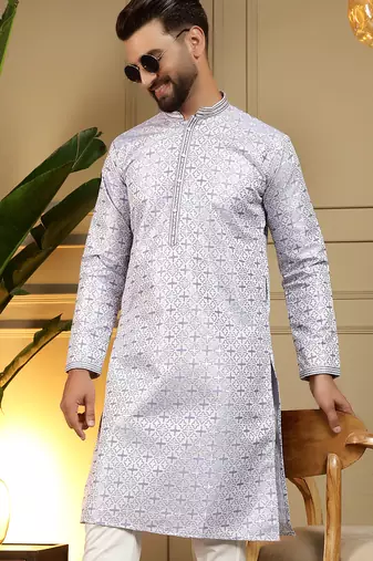 Men's blue jacquard woven kurta with pajama set
