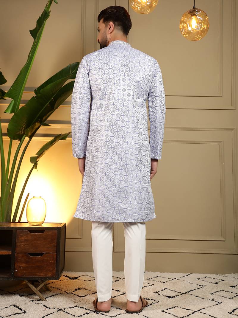 Men's blue jacquard woven kurta with pajama set