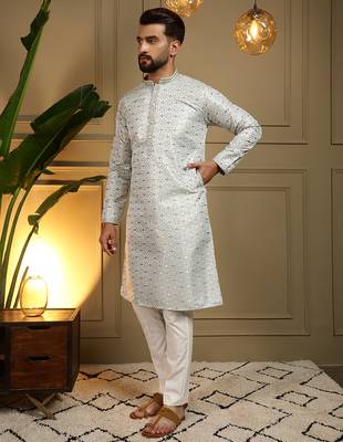 Men's mehendi jacquard woven kurta with pajama set 3