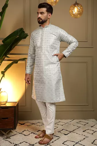 Men's mehendi jacquard woven kurta with pajama set