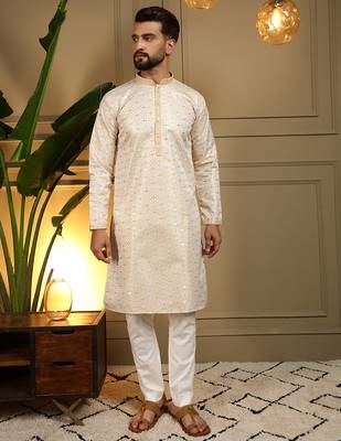 Men's mustard jacquard woven kurta with pajama set 1