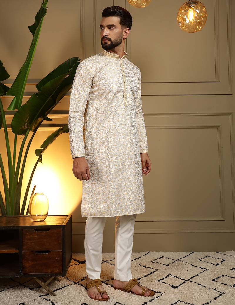 Men's mustard jacquard woven kurta with pajama set