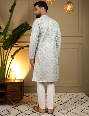 Men's mehendi jacquard woven kurta with pajama set 5