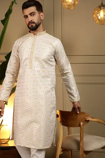Men's mustard jacquard woven kurta with pajama set