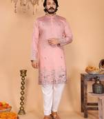Men's peach linen cotton sequins embroidered kurta with pajama set