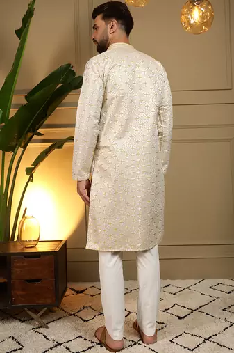 Men's mustard jacquard woven kurta with pajama set
