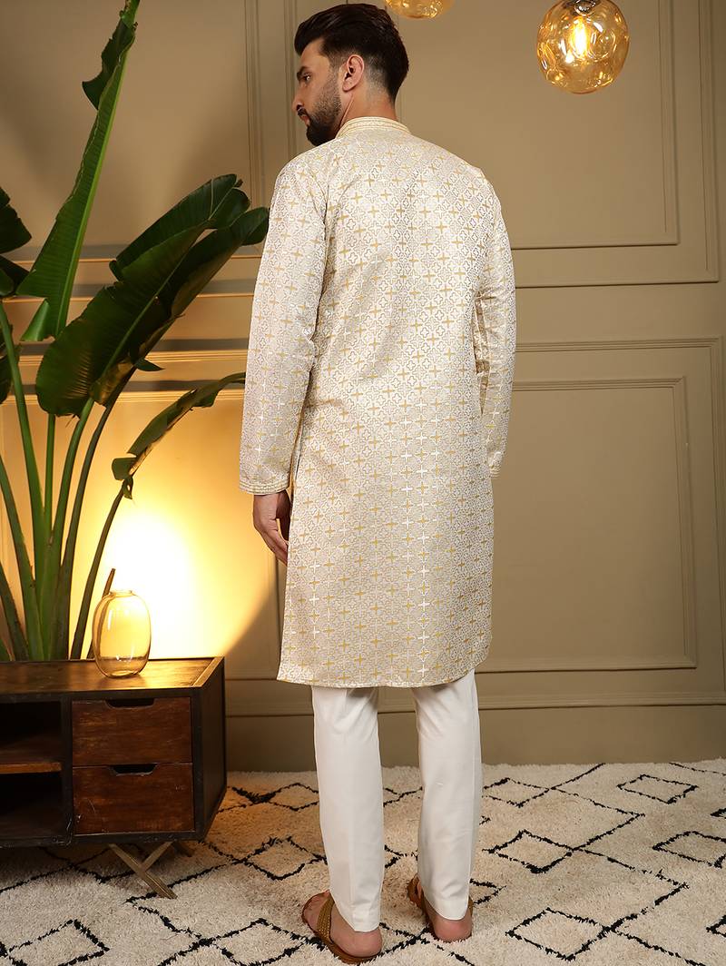 Men's mustard jacquard woven kurta with pajama set