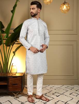 Men's grey jacquard woven kurta with pajama set 2