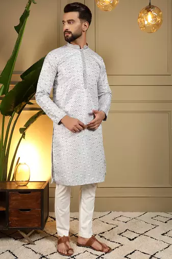 Men's grey jacquard woven kurta with pajama set