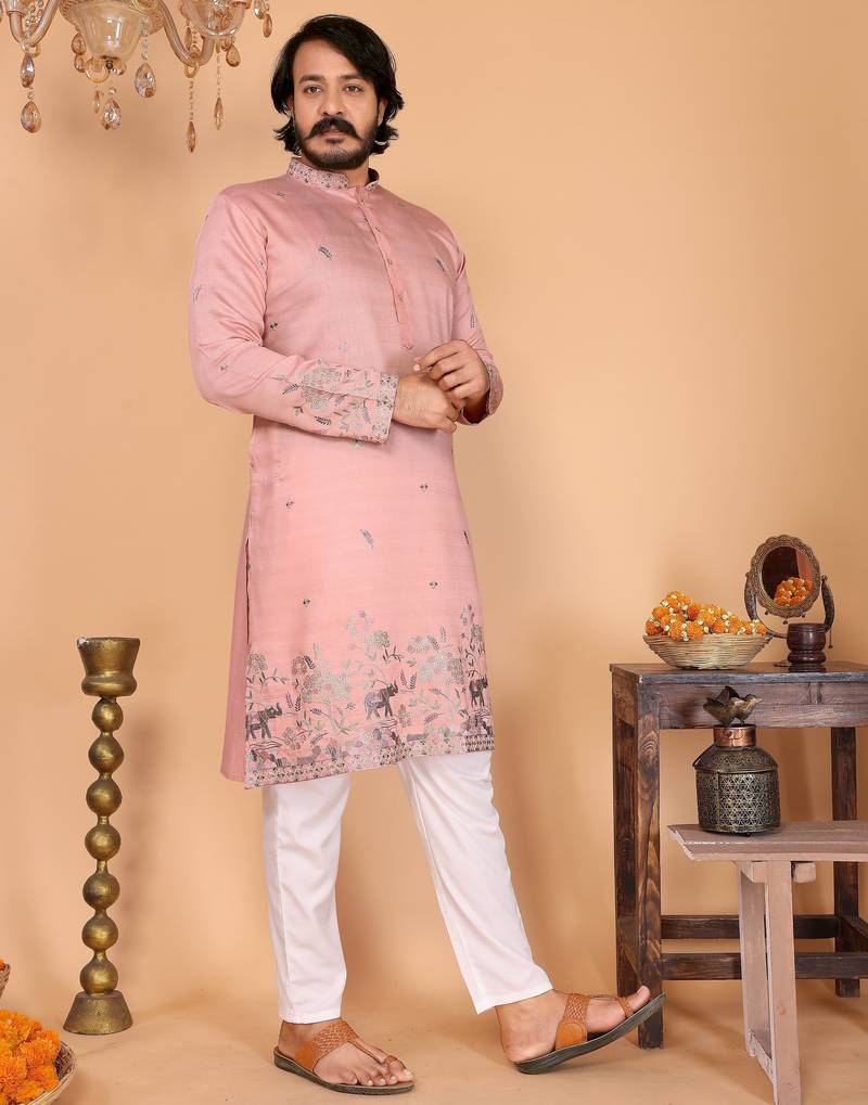 Men's peach linen cotton sequins embroidered kurta with pajama set