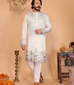 Men's white linen cotton sequins embroidered kurta with pajama set