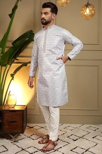 Men's grey jacquard woven kurta with pajama set