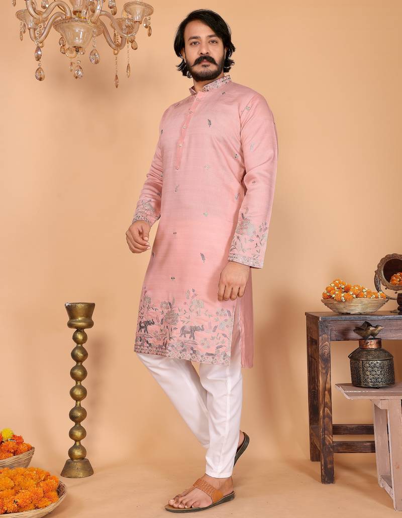 Men's peach linen cotton sequins embroidered kurta with pajama set