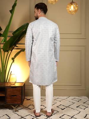 Men's grey jacquard woven kurta with pajama set 5