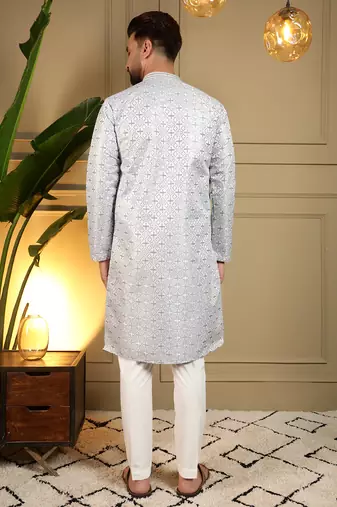 Men's grey jacquard woven kurta with pajama set