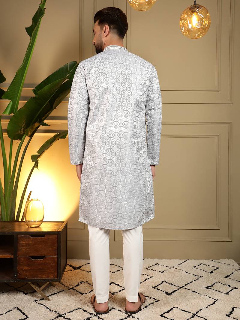 Men's grey jacquard woven kurta with pajama set