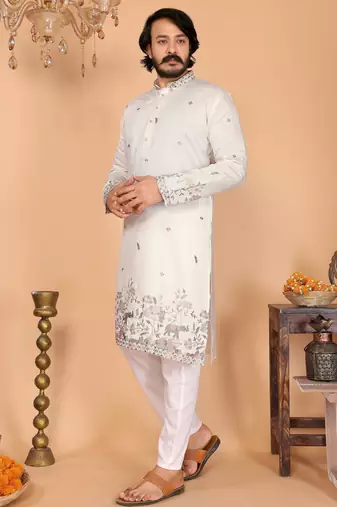 Men's white linen cotton sequins embroidered kurta with pajama set