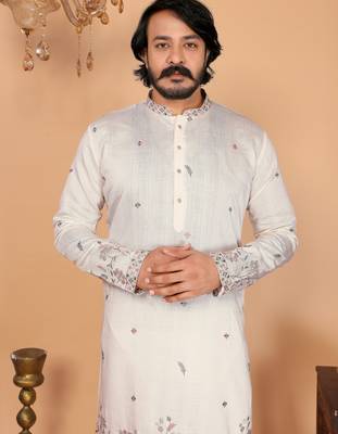 Men's white linen cotton sequins embroidered kurta with pajama set 4