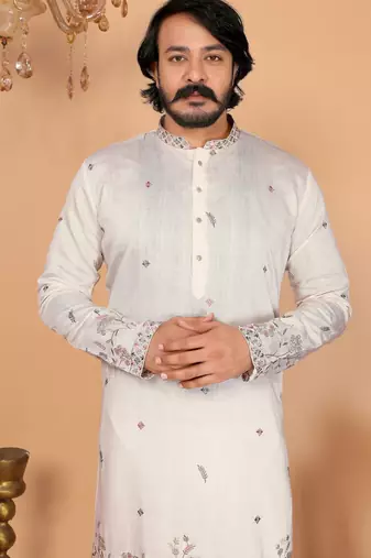 Men's white linen cotton sequins embroidered kurta with pajama set