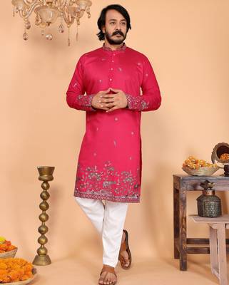 Men's pink linen cotton sequins embroidered kurta with pajama set 1