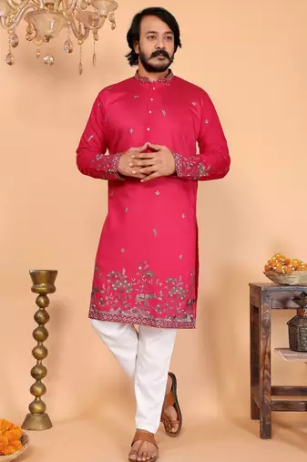 Men's pink linen cotton sequins embroidered kurta with pajama set