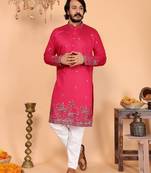 Men's pink linen cotton sequins embroidered kurta with pajama set