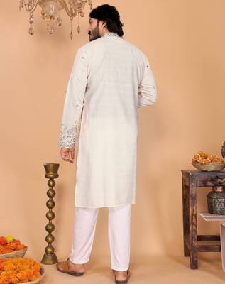 Men's white linen cotton sequins embroidered kurta with pajama set 5