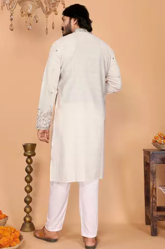 Men's white linen cotton sequins embroidered kurta with pajama set