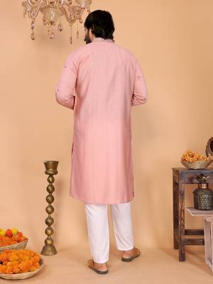 Men's peach linen cotton sequins embroidered kurta with pajama set 5