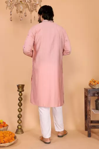 Men's peach linen cotton sequins embroidered kurta with pajama set