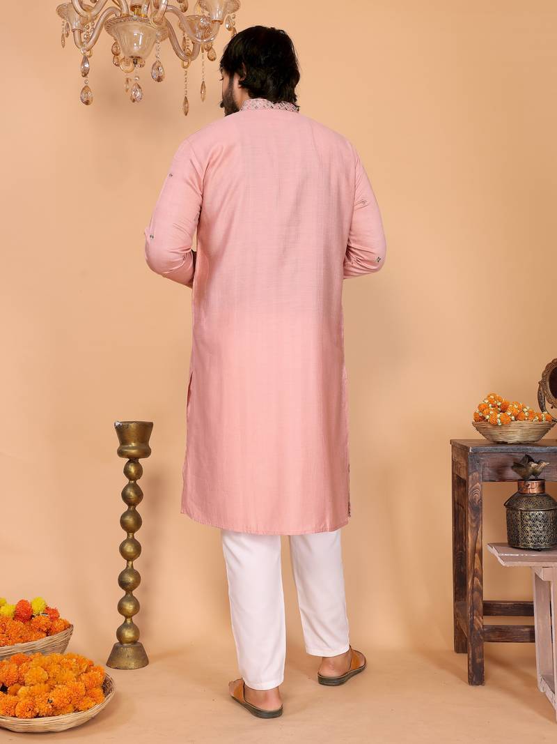 Men's peach linen cotton sequins embroidered kurta with pajama set