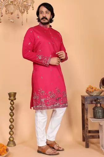 Men's pink linen cotton sequins embroidered kurta with pajama set