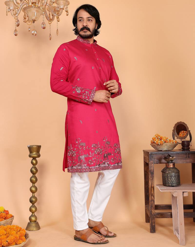 Men's pink linen cotton sequins embroidered kurta with pajama set
