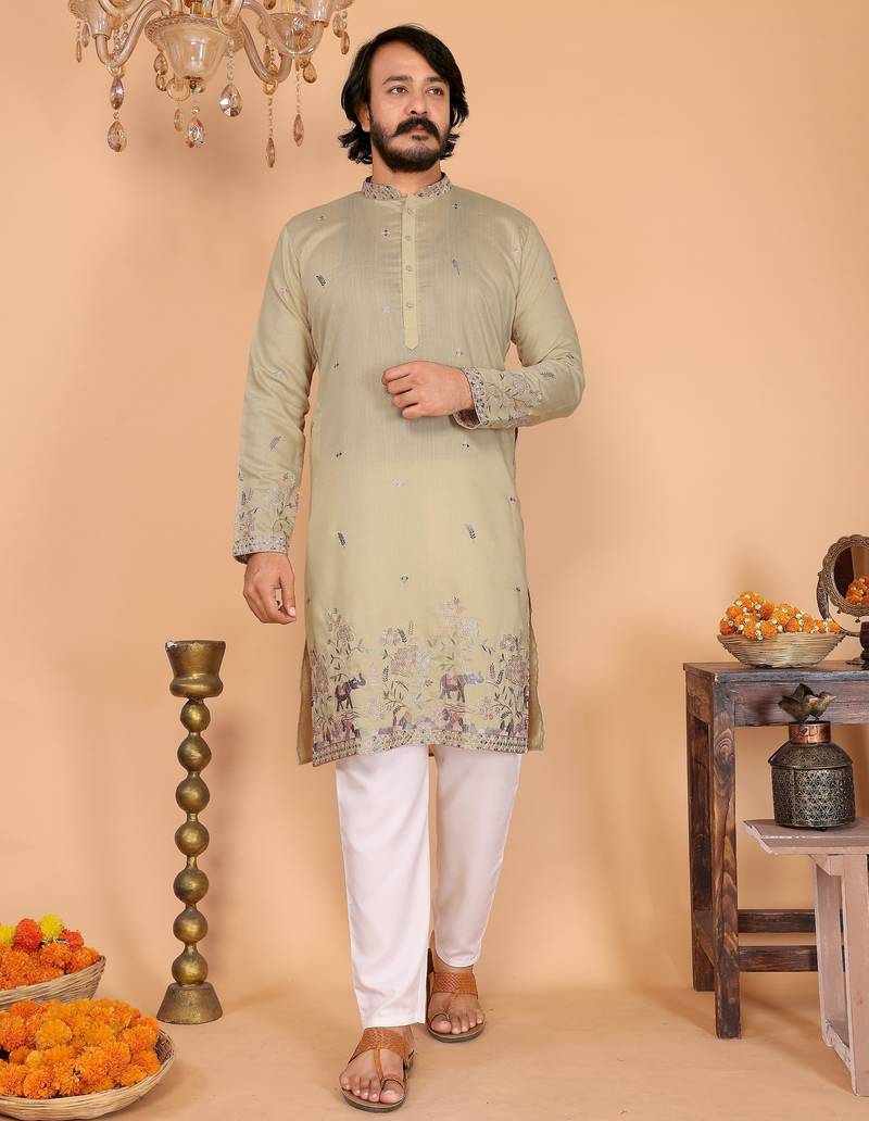 Men's sea green linen cotton sequins embroidered kurta with pajama set
