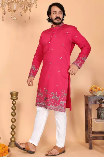 Men's pink linen cotton sequins embroidered kurta with pajama set