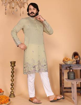 Men's sea green linen cotton sequins embroidered kurta with pajama set 2