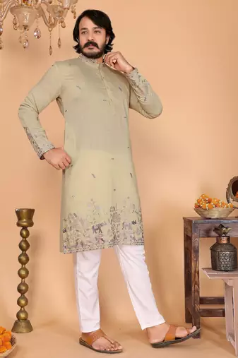 Men's sea green linen cotton sequins embroidered kurta with pajama set