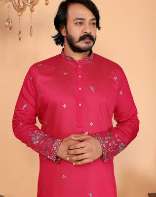 Men's pink linen cotton sequins embroidered kurta with pajama set 4