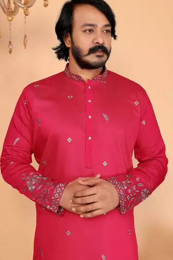 Men's pink linen cotton sequins embroidered kurta with pajama set