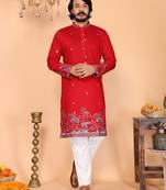 Men's red linen cotton sequins embroidered kurta with pajama set