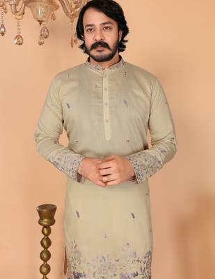 Men's sea green linen cotton sequins embroidered kurta with pajama set 4