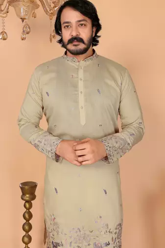 Men's sea green linen cotton sequins embroidered kurta with pajama set