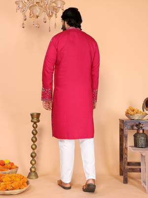Men's pink linen cotton sequins embroidered kurta with pajama set 5
