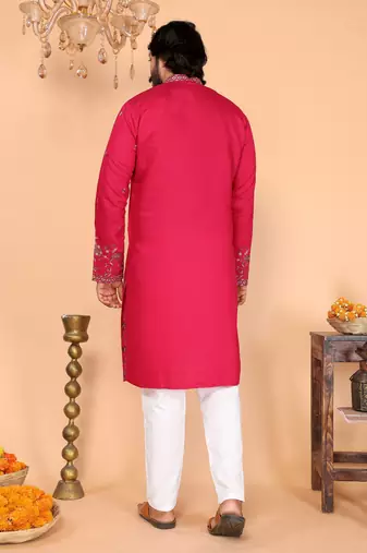 Men's pink linen cotton sequins embroidered kurta with pajama set